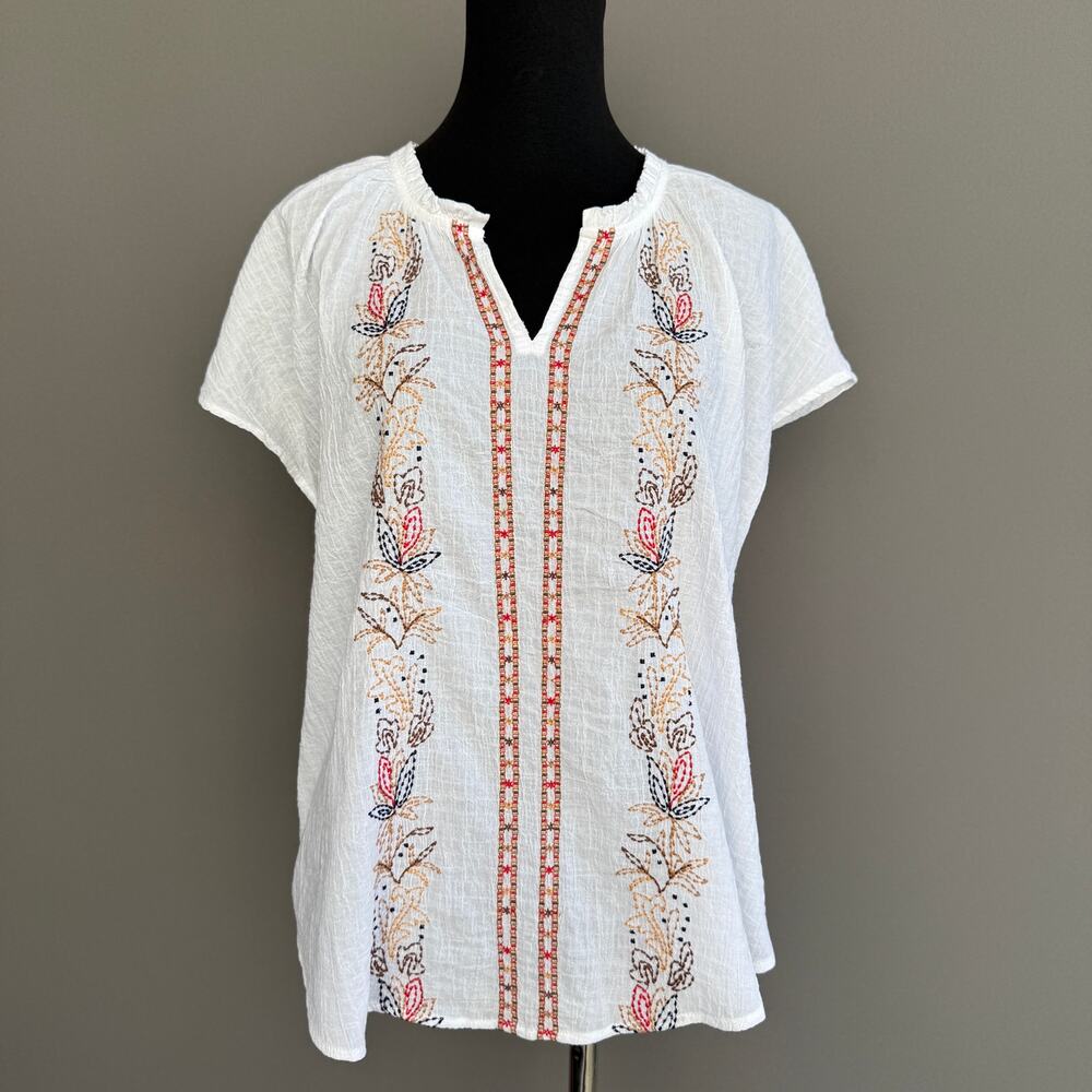 NWT J.Jill gauze shirt - white Cotton v neck Beachy Boho Embroidered  size S